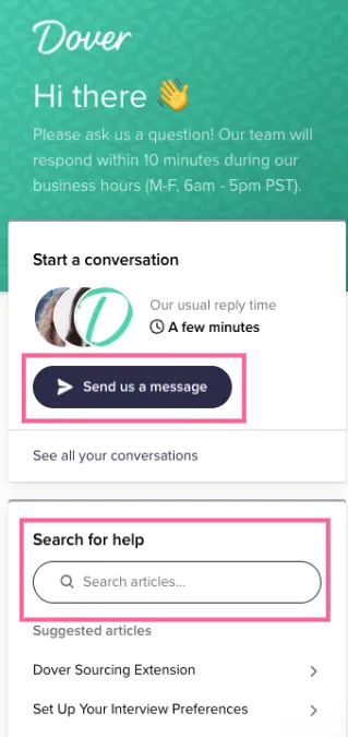 Screenshot: Get Help in the Dover App